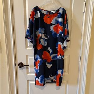 Halston Heritage Navy Midi Dress with Red & Blue Floral Print